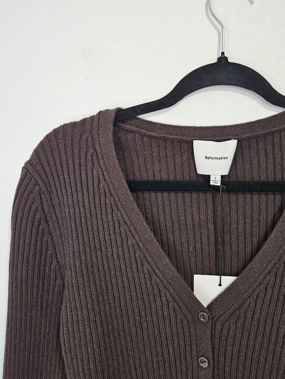 SOLD NWT Reformation Fia Cotton Cashmere Blend Cardigan Sz L Brown Ribbed - Picture 6 of 13
